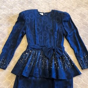 Vintage 80s D’ore Navy Silk Peplum Beaded Dress